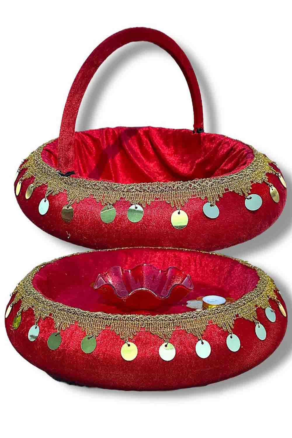 Traditionele Henna Set Schaal en Mand met Gouden Muntjes (2-delig) – Kina Tepsisi & Sepeti - Rood, Groen, Bordeaux, Blauw