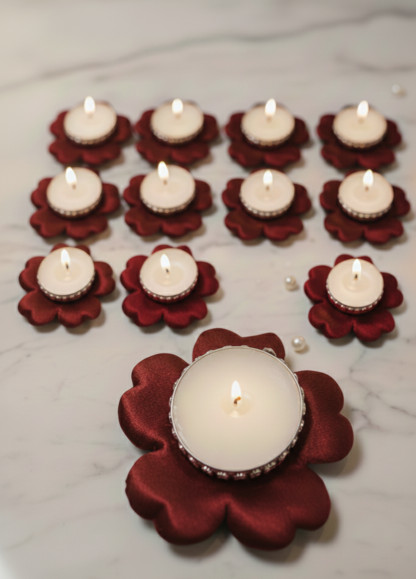 Luxe Henna Handkaarsen set van 12 – Satijn met Steentjes - Rood, Bordeaux, Groen & Blauw