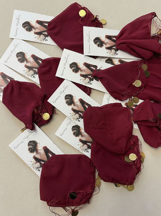 Set van 10 Kant-en-klaar Henna Bedankje: "Kinamiza Hoşgeldiniz" Kaart met Bordeaux Halay Mendil