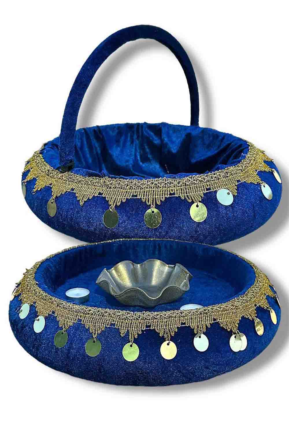 Traditionele Henna Set Schaal en Mand met Gouden Muntjes (2-delig) – Kina Tepsisi & Sepeti - Rood, Groen, Bordeaux, Blauw