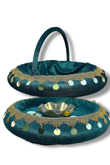 Traditionele Henna Set Schaal en Mand met Gouden Muntjes (2-delig) – Kina Tepsisi & Sepeti - Rood, Groen, Bordeaux, Blauw