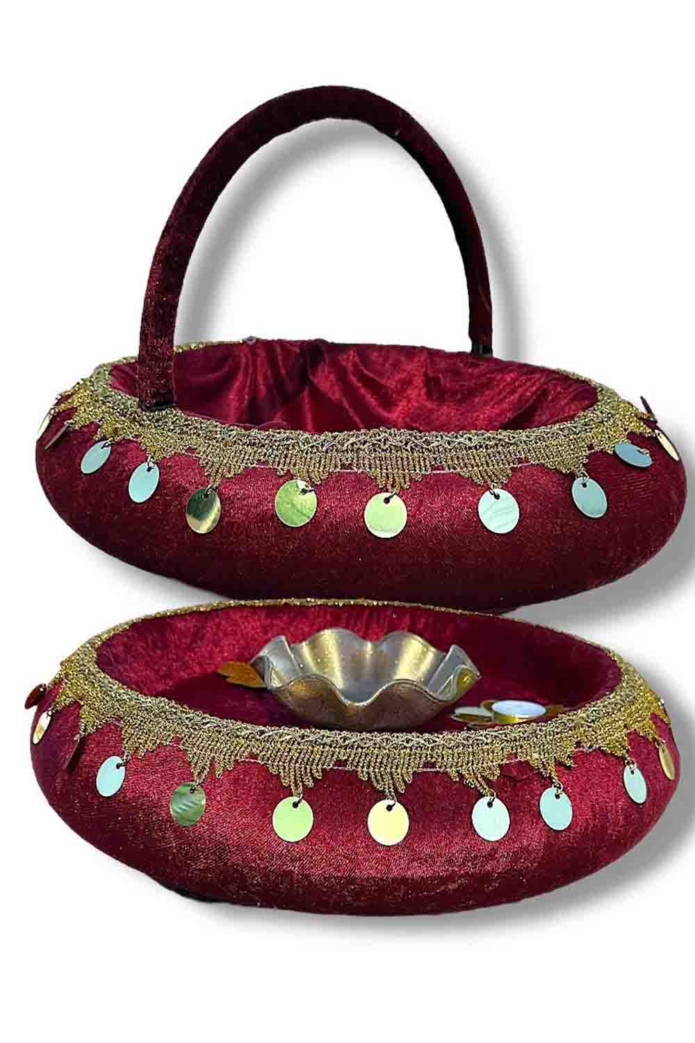 Traditionele Henna Set Schaal en Mand met Gouden Muntjes (2-delig) – Kina Tepsisi & Sepeti - Rood, Groen, Bordeaux, Blauw