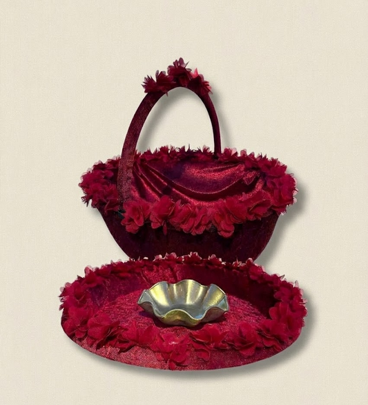 Traditionele Henna Set Schaal en Mand met Veren (2-delig) – Kina Tepsisi & Sepeti - Rood/Bordeaux, Groen