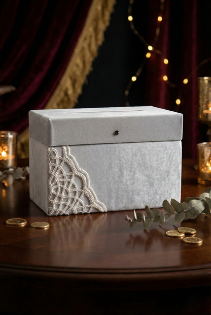 Luxe Enveloppendoos Bruiloft Grijs met Parels - Taki Sandigi